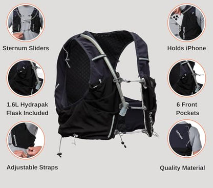 Nathan Hydration Vest 12L for Running & Hiking - Quick-Fit Adjustments, Breathable Mesh, 1.6L Insulated Bladder, Lightweight 8.8 oz, 6 Power Mesh Pockets, Diagonal Zip - Pinnacle Pro - size: X-Large, style: Black
