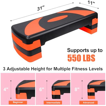 Exercise Workout Aerobic Step Platform Trainer, 31" Aerobic Stepper with 4"-6"-8" Adjustable Height Risers