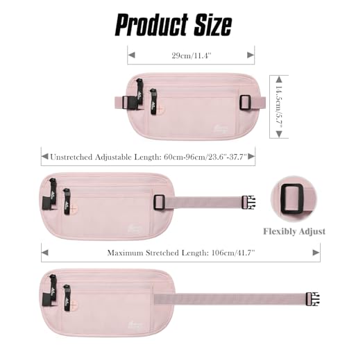 MoKo Travel Money Belt with RFID Blocking, Hidden Slim Wallet, Pink - color: Pink, size: Waist for 24"-38"