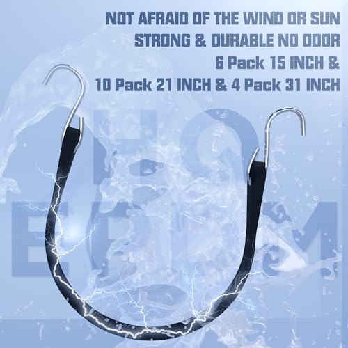 KJE 20Pack (15", 21", 31") Rubber Bungee Cords with S Hooks - Quality EPDM, Heavy Duty Black Bungee Straps, Ideal for Outdoor Tie Downs, Securing Tarps, Canvases, Cargo in Cold Hot Climates - size: (6)15"+(10)21"+(4)31"