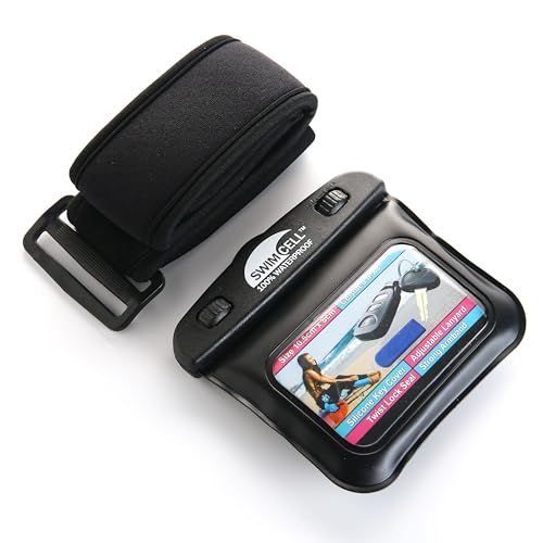 SwimCell Waterproof Key Pouch for Swimming with Armband & Lanyard - Black - color: Black, size: Key Case 3 x 4 inches