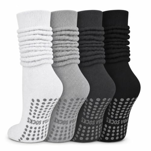 Pilates Socks with Grips for Women, Yoga Slouch Scrunch Socks - color: Gray Black White
