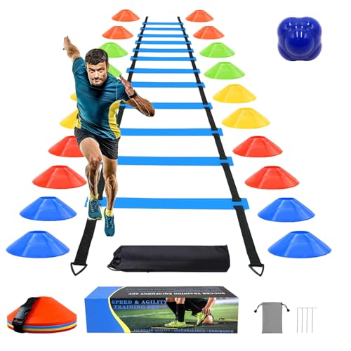 Agility Training Equipment Set Includes Workout Ladder, Dis Cones, Reaction Ball and Carry Bag - Drills Speed Kit for Soccer Basketball