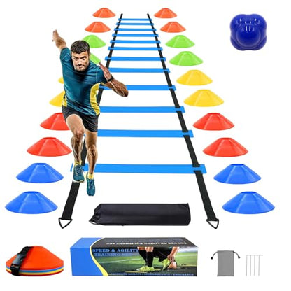 Agility Training Equipment Set Includes Workout Ladder, Dis Cones, Reaction Ball and Carry Bag - Drills Speed Kit for Soccer Basketball