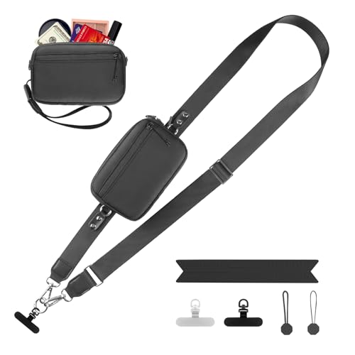 YFWE Clip and Go Strap for Phone with Wallet Crossbody, Adjustable Phone Lanyard with Detachable RFID Wristlet Wallet, Universal Phone Strap with 360° Rotatable Phone Tabs for All Phones (Black) - color: Black, size: Medium
