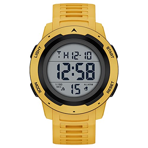 GOLDEN HOUR Mens Waterproof Digital Sport Watches Wide Screen Easy Read Display Military Style with Rubber Strap - color: yelllow