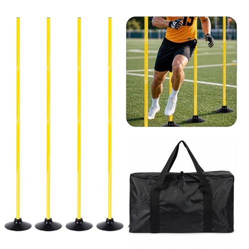 4 Pack Soccer Agility Training Poles, 5 FT Adjustable Speed and Agility Training Equipment for Football/Basketball/Dog Practice, Bending Poles for Horses with Rubber Bases and Carry Bag - color: Yellow