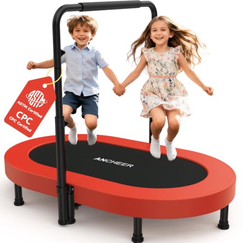 ANCHEER 56" Toddler Trampoline, ASTM & CPC Certified - Foldable Mini Trampoline for Ages 1-8 with Adjustable Handle, Indoor/Outdoor Kids Trampoline, Foam Handle & Safty Pad, Easy to Assemble, 220LBS - color: Deep Red, size: 56"