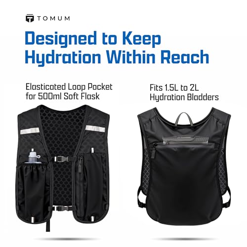 Tomum Running Vest for Women Men - Hydration Backpack Water Bottle Runner Vest for Hiking Trail Run Marathon Jogging - Lightweight Reflective Runners Vests Water Bag Back Pack with Pocket - size: 1-pack