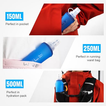 WRELS TPU Collapsible Soft Flask,Lightweight PBA Free Folding Running Water Bottles,Leakproof Durable Hydration Flask for Outdoors (150ml/5.07oz-2 Packs-Light Blue) - color: 150ml/5.07oz-2 Packs-Light Blue