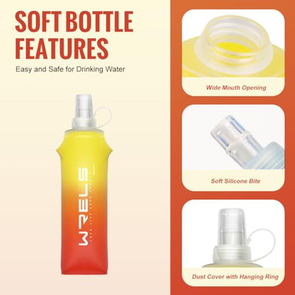 WRELS TPU Soft Flask Lightweight Portable Reusable Water Bottle,BPA Free Collapsible Flask for Hydration Pack in Running Hiking Cycling and Marathon - color: Yellow&Orange-500ml*2
