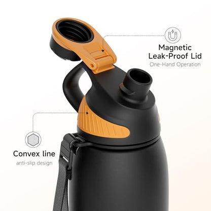 Fjbottle 32oz Stainless Steel Insulated Water Bottle No Straw Spout Lid - color: Classic Black, size: 32 Ounces