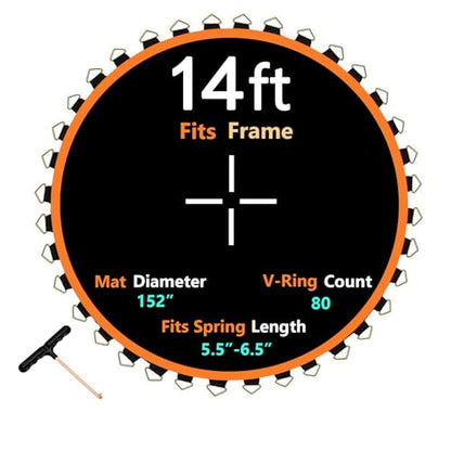 Trampoline Mat Replacement, Dia:152", Fits 14ft Frame, with 80/72/88 V-Rings for Choose and Spring Tool, Fits 5.5" Springs, Reinforce, UV-Resistant - size: 152" Diam | 80 V-Rings | Fits 5.5" SpringsLength