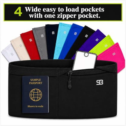 StashBandz Running Belt, Fanny Pack, & Money Belt, 4-Pocket Phone Holder - color: Black, size: Large