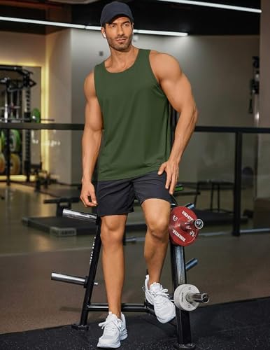 PINSPARK Men's UPF 50+ Quick Dry Tank Tops Athletic Muscle Tee - color: Army Green, size: X-Large
