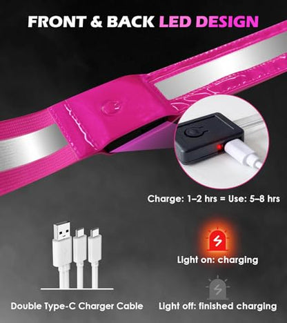 Rechargeable LED Reflective Belt Sash – High Visibility Safety Gear with 5 Colors 11 Light Modes, Adjustable Strap for Night Dog Walking, Running & Biking - color: Pink