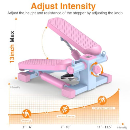 HCOIW Mini Stepper for Exercise at Home,Stair Stepper with Resistance Bands | Compact Stepping Machine with 300 lb Weight Capacity, Full Body Workout Equipment for Legs, Glutes & Cardio - color: Pink and Blue