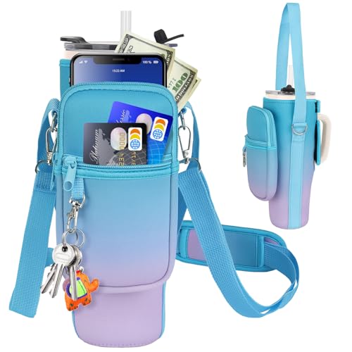 LEFOR·Z Water Bottle Carrier Bag with Phone Pocket Compatible with Stanley/Meoky 40 oz Tumbler with Handle,Water Bottle Holder Pouch with Adjustable Strap Compatible with Stanley Cup Accessories - color: Blue-Purple Gradient-Style B