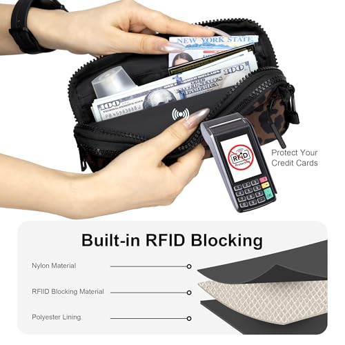 FODOKO Wristlet wallets for Women RFID crossbody bags with 4 Zippers - color: Brown Leopard