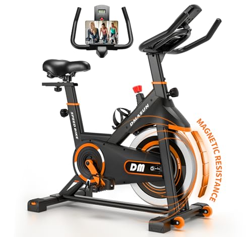 DMASUN Exercise Bike, Silent Magnetic Resistance Stationary Bike for Home with 330 LBS Capacity, Pedals with Anti-loosening Nuts, Indoor Bike with Comfortable Seat Cushion, Digital Display with Tablet Holder - color: Orange