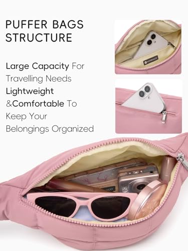 WESTBRONCO Puffer Fanny Packs for Women Small Crossbody Sling Bag, Nylon Quilted Belt Bag for Travel Hiking Running Waist Bag with Adjustable Strap - color: 202-Dark Pink