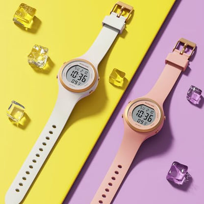 GOLDEN HOUR Waterproof Sport Women's Digital Chronograph Silicone Strap Watch - color: Rose Gold/Starlight/Milk White