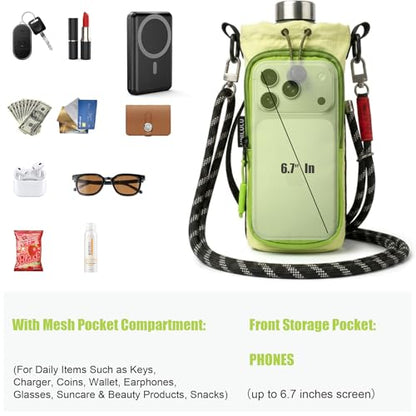 Water Bottle Holder with Strap - Crossbody Bottle Carrier Bag with Phone Pocket, Fits 32 oz Flasks for Men & Women - color: Green