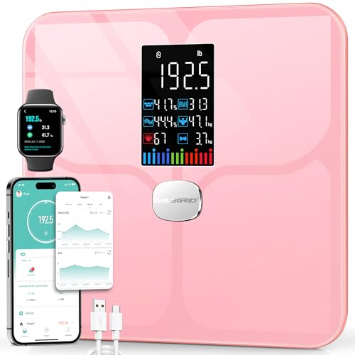 ABLEGRID Body Fat Scale,Digital Smart Bathroom Scale for Body Weight,Large Color Display Screen,22 Body Composition Metrics BMI,Water Weigh,Heart Rate,Baby Mode,400lb,Rechargeable-Rosegold - color: Pink