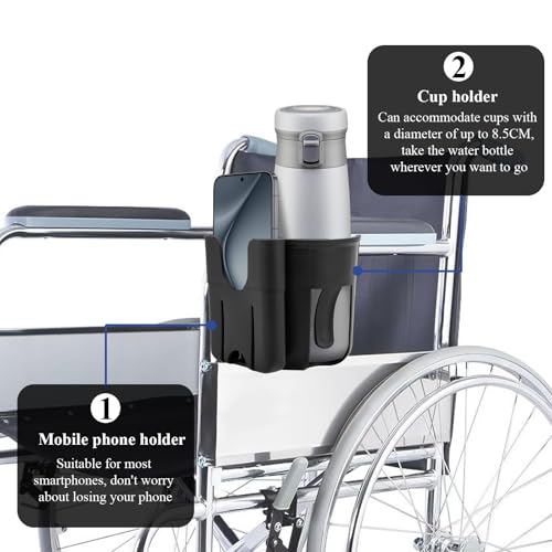 Wheelchair Cup Holder & Umbrella Holder Set with Phone Mount, 360° Adjustable Drink Holder Umbrella Mount Stand, Mobility Accessories for Wheelchair, Walker, Bike, Rollator and Scooter