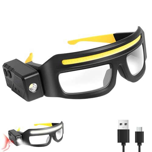 LED Rechargeable Headlight Glasses with Motion Sensor & Touch Control 5 Modes USB C Light Up Glasses Lighted Eyewear - color: Black+yellow