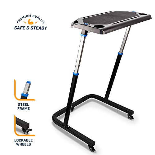 Alpcour Bike Trainer Fitness Desk – Portable Multi-Tasking Workstation Table for Cycling and Exercise – Adjustable Height with Non-Slip Surface and Gadget Slots – Lockable Wheels