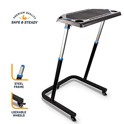 Alpcour Bike Trainer Fitness Desk – Portable Multi-Tasking Workstation Table for Cycling and Exercise – Adjustable Height with Non-Slip Surface and Gadget Slots – Lockable Wheels