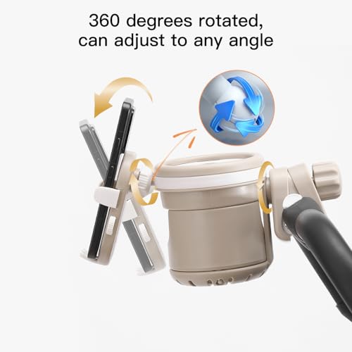 Gromast Universal Stroller Cup Holder with Phone Holder, 3-in-1 Detachable Drink Holder 360° Rotatable, Adjustable Cup Holder for Baby Stroller, Tricycle - Khaki - color: Khaki-4-in-1