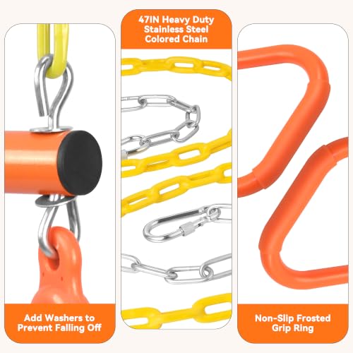 18" Trapeze Swing Bar Rings 48" Heavy Duty Chain Swing Set Accessories & Locking Carabiners… (Orange) - color: Orange