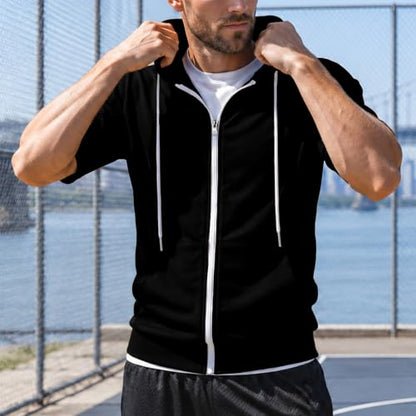 Ohoo Mens Slim Fit Zip up Hoodie Cotton Blend Soft Fabric Short Sleeve Lightweight Comfy Basic Jacket with Kanga Pocket - color: Dcf007-black, size: X-Large