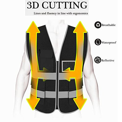 HYCOPROT High Visibility Mesh Safety Reflective Vest with Pockets and Zipper, Meets ANSI/ISEA Standards - color: Black, size: Small