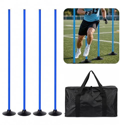 4 Pack Soccer Agility Training Poles, 5 FT Adjustable Speed and Agility Training Equipment for Football/Basketball/Dog Practice, Bending Poles for Horses with Rubber Bases and Carry Bag - color: Blue