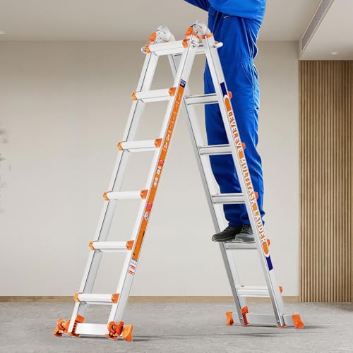 LEVELEVE 22FT Extension Ladder,A Frame 6 Step Ladder with Stabilizer Bar & Wheels,330 lbs Security Load Multi Position Ladder for Stairs Home Indoor Outdoor Roof - size: 6STEP