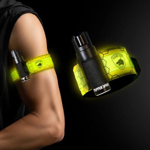 Pepper Spray Self Defense for Runners with Rechargeable LED Armband, Reflective Lights for Runners, Reflective Safety Gear Women, Men for Walking, Cycling at Night, High Visibility Arm Band - color: Yellow