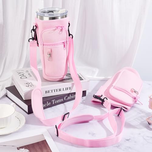 2Pcs Water Bottle Carrier Bag with Phone Pocket Adjustable Strap 40oz Thumbler Neoprene Sports Water Bottle Holder Pouch with 3 Pockets Soft Sponge Padding for Walking Hiking Camping Pink - color: Pink
