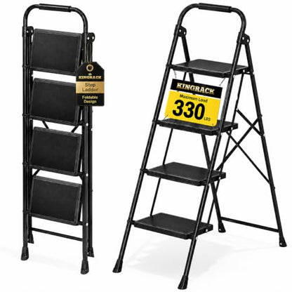 KINGRACK 4 Step Ladder Folding Step Stool with Handrail for Kitchen Black - size: 4-step