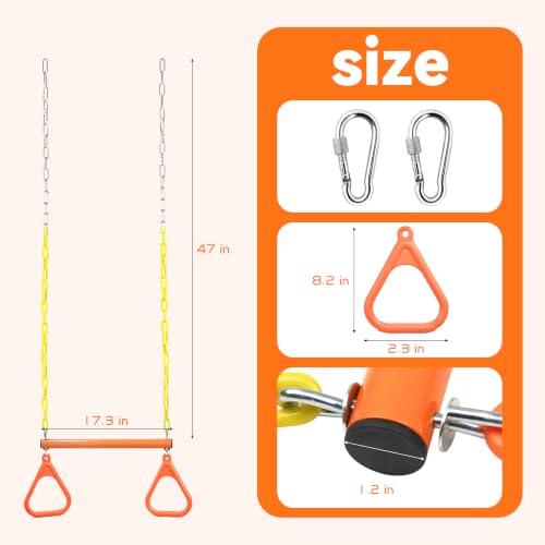 18" Trapeze Swing Bar Rings 48" Heavy Duty Chain Swing Set Accessories & Locking Carabiners… (Orange) - color: Orange
