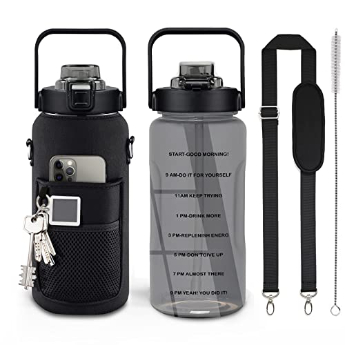 Half Gallon Water Bottle with Sleeve, 64OZ Motivational Water Bottle - color: Black