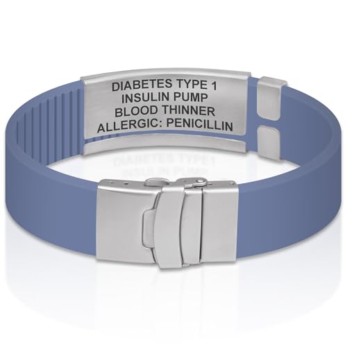 Divoti Custom Dual-Sided Engraved Silicone Medical Alert ID Wristband w/Security Clasp & Trim-to-Fit Band - Style - color: Carmella Blue / Brushed Stainless Silver / Red, size: Band Width - 19mm
