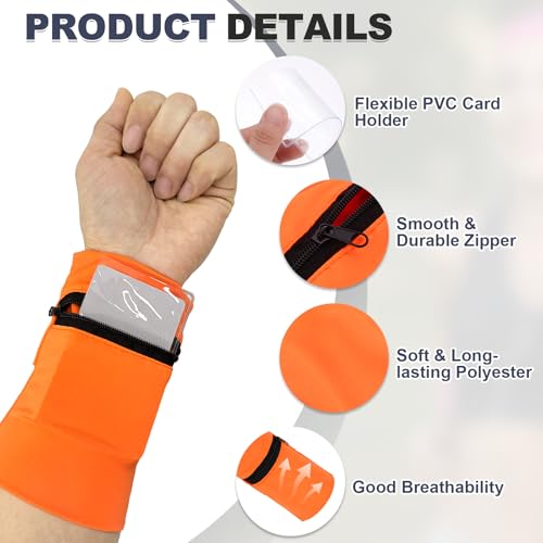 Wrist Pouch, Wrist Wallet Wristband with PVC Card Pouch Zipper Wristband Sports Sweatbands for Men and Women - color: Orange