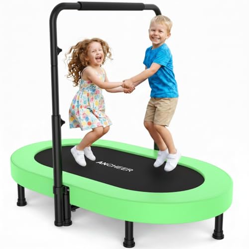 ANCHEER 56" Double Mini Trampoline for Kids, Mini Rebounder with 5-Level Adjustable Handle, Parent-Child Trampoline for Kids, Max Load 220lbs, Fun for Indoor/Outdoor - color: Green