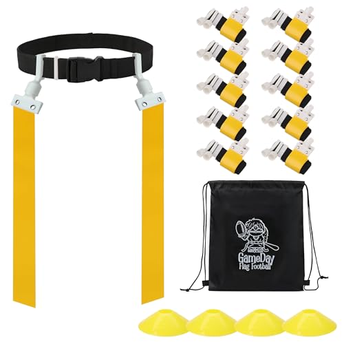 Gameday Flag Football Set – Kits for 2–14 Players w/Belts, Agility Cones & Carry Bag – Available in Multi Colors & Sizes - color: Yellow 10 Pcs, style: 10 Pcs