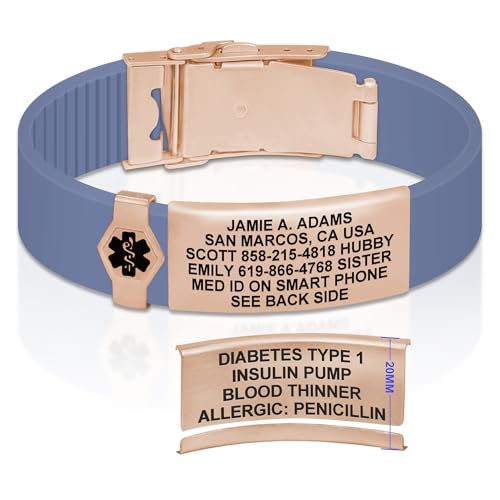 Divoti Custom Dual-Sided Engraved Silicone Medical Alert ID Wristband w/Security Clasp & Trim-to-Fit Band - Style - color: Carmella Blue / PVD Rose Gold / Black, size: Band Width - 19mm