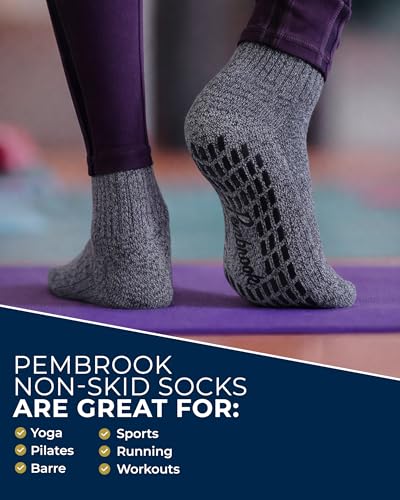 Pembrook Non Slip Crew Grip Socks Men & Women - 4 Pairs | Non Slip Socks for Elderly, Hospital, Pilates, Yoga, Barre, Home - color: Gray, Navy, Blue, Light Gray - 4 Pairs, size: X-Large