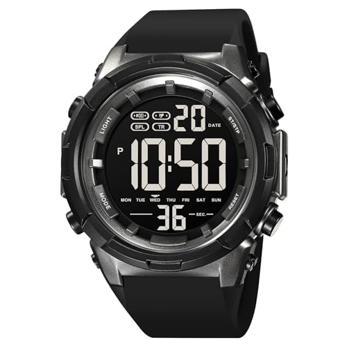 XCZAP Men's Black Digital Sports Watch, Large Face Military Tactical Watch, 5ATM Water Resistant, LED Backlight, Alarm, Stopwatch,Dual Time - color: Titanium